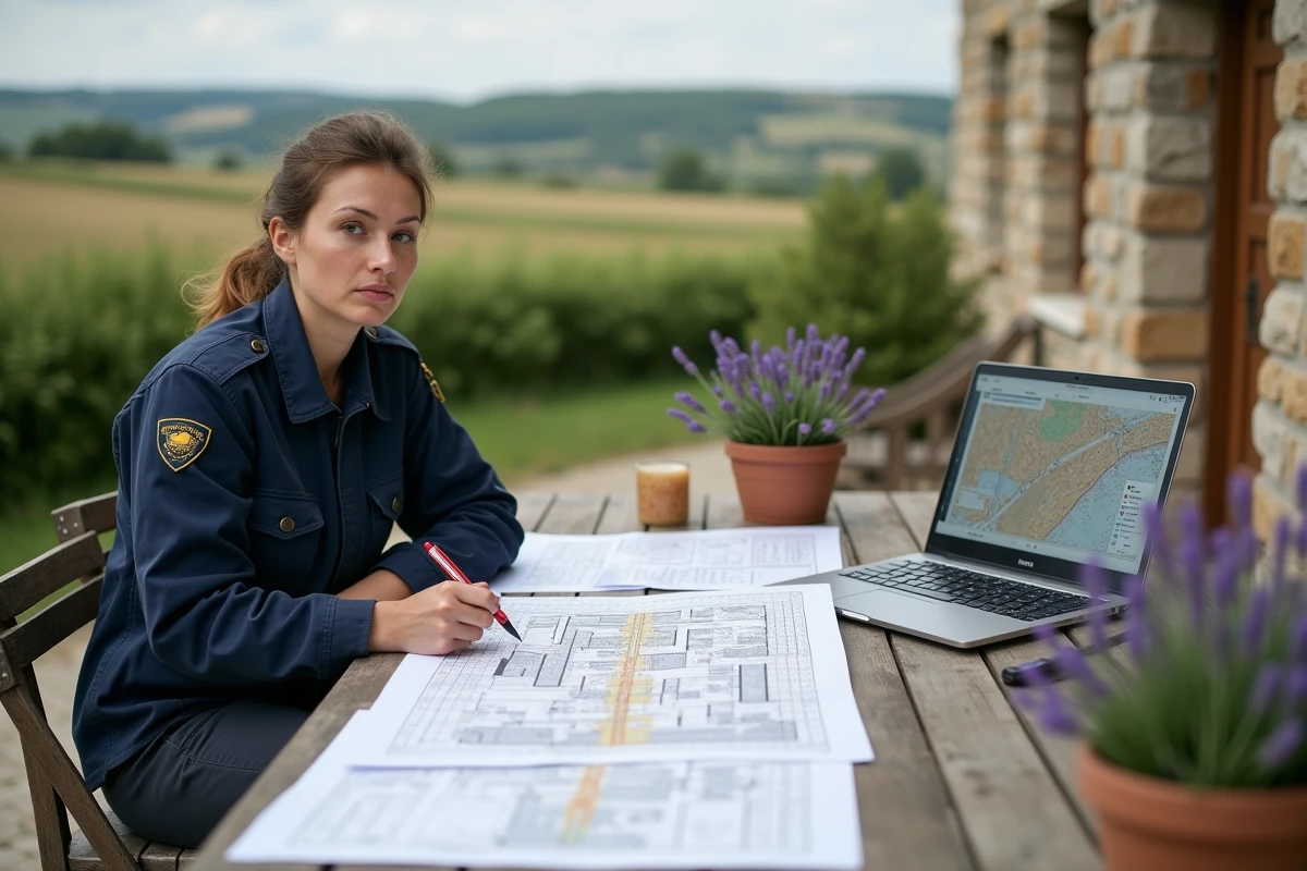 Urbaniste analysant des documents de zonage et des cartes cadastrales en ext&eacute;rieur pour une construction en zone prot&eacute;g&eacute;e