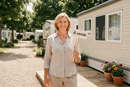 Femme vendant son mobil-home sur un camping avec panneau à vendre