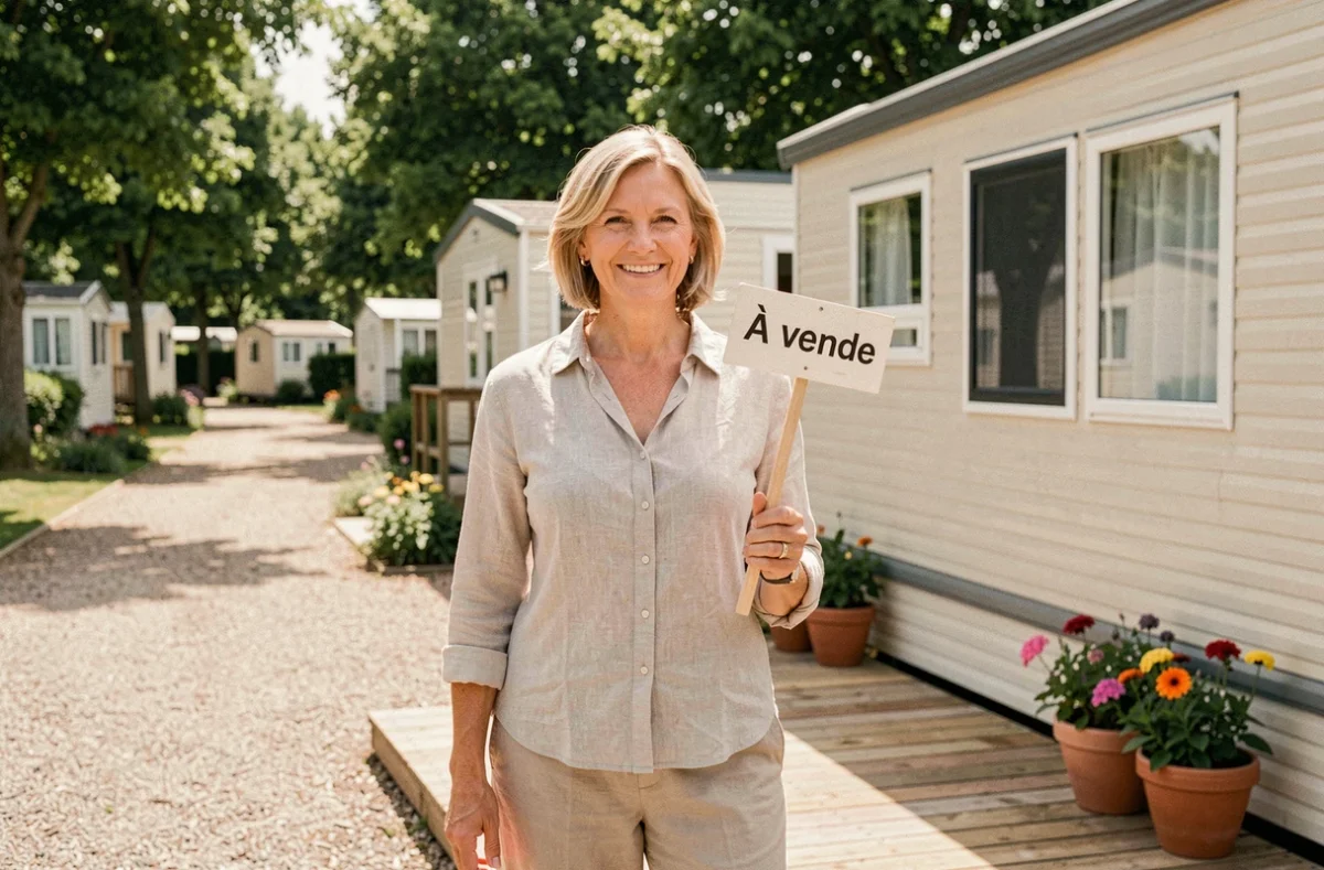Femme vendant son mobil-home sur un camping avec panneau à vendre