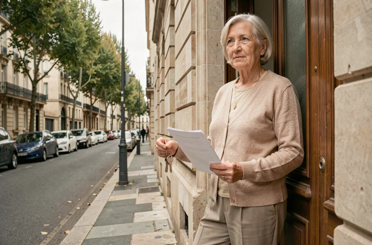 Femme âgée devant son appartement tenant les documents d'un contrat de viager libre entre particuliers