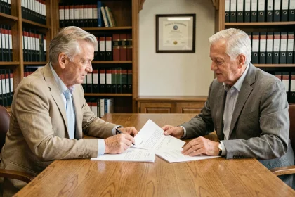 Deux seniors signant un contrat de viager sans bouquet chez un notaire, examinant les documents avec attention