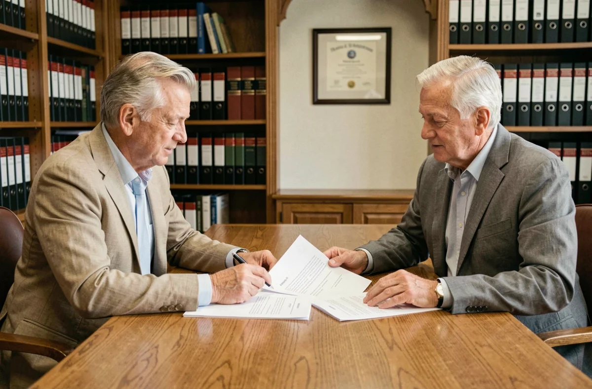 Deux seniors signant un contrat de viager sans bouquet chez un notaire, examinant les documents avec attention