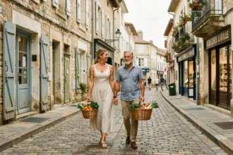 Couple se promenant dans une rue piétonne pittoresque du vieux quartier de Bergerac avec des façades en pierre calcaire et des volets colorés