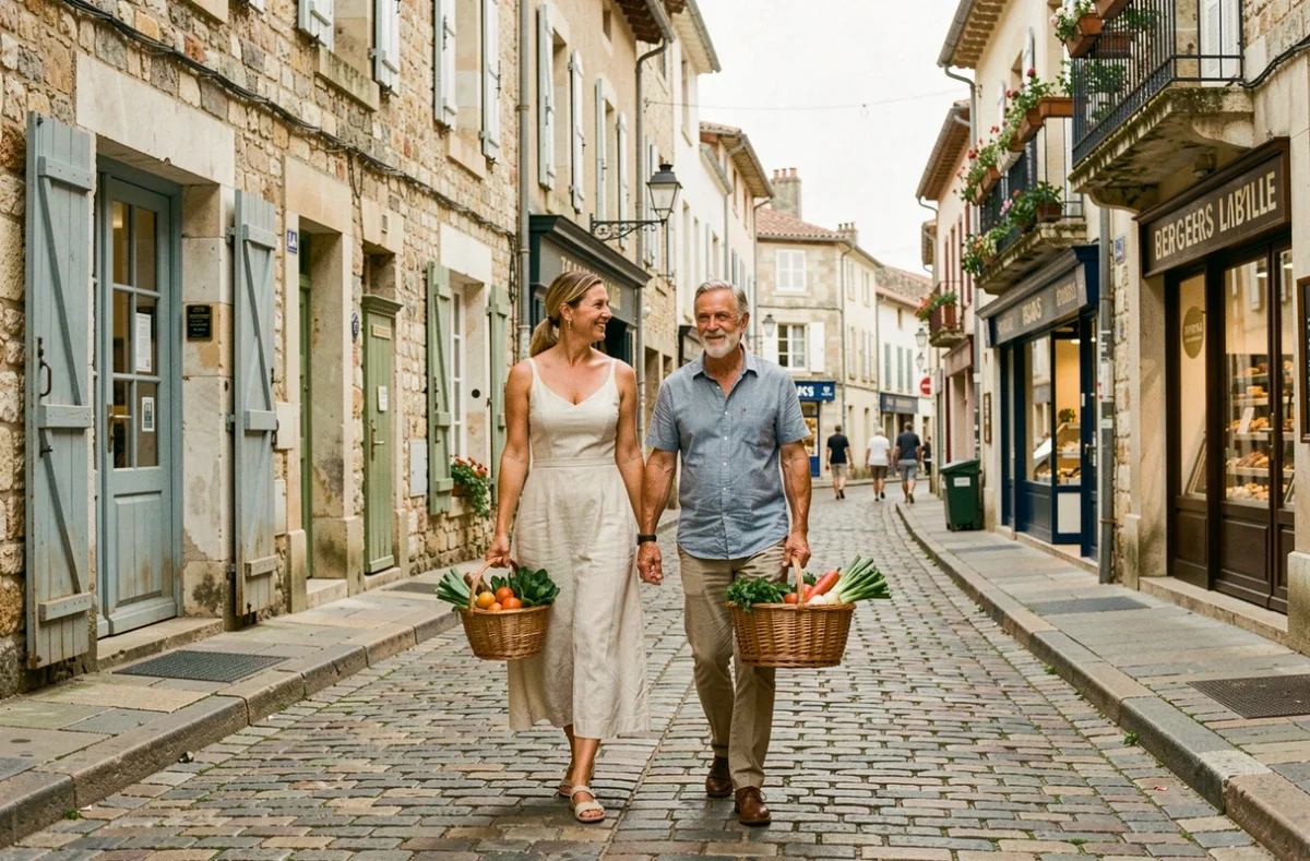 Couple se promenant dans une rue piétonne pittoresque du vieux quartier de Bergerac avec des façades en pierre calcaire et des volets colorés