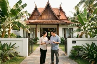 Couple devant une villa moderne à vendre en Thaïlande avec architecture traditionnelle thaïlandaise et jardin tropical