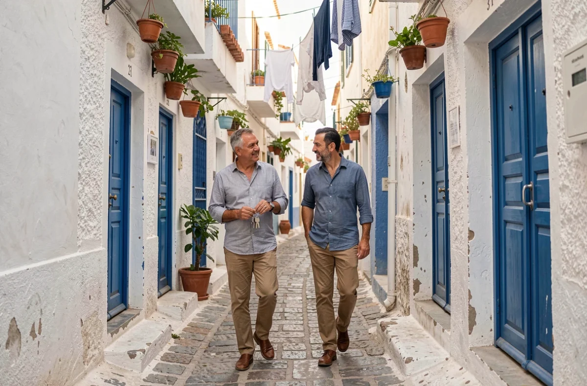 Expatrié visitant un appartement en location longue durée avec un propriétaire local dans la médina d'Essaouira