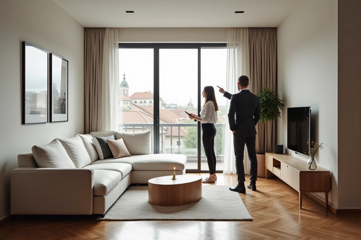 Visite d'un appartement moderne à Lyon par un agent immobilier et un acquéreur potentiel