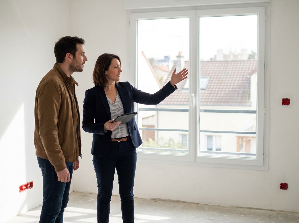 Agent immobilier présentant un appartement neuf à Choisy-le-Roi à un acheteur potentiel