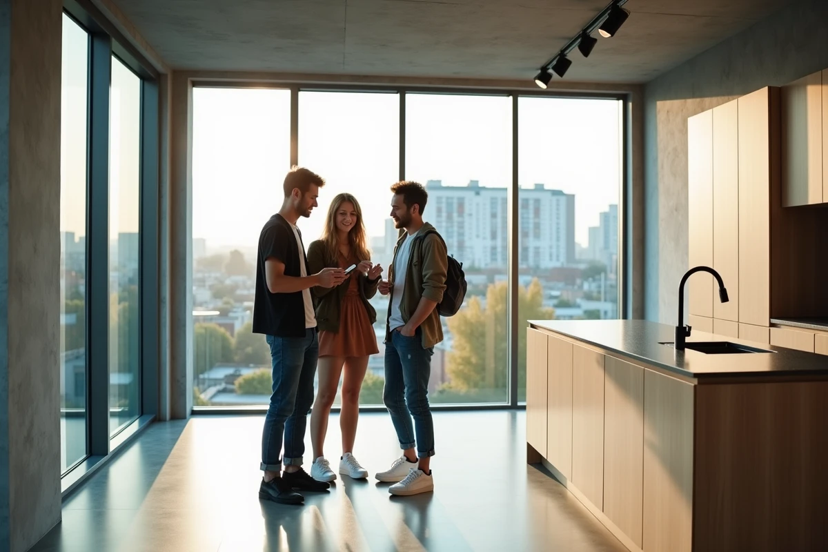 Groupe de jeunes adultes visitant un appartement moderne en ville avec vue urbaine, symbolisant l'attrait des nouvelles constructions pour les primo-accédants