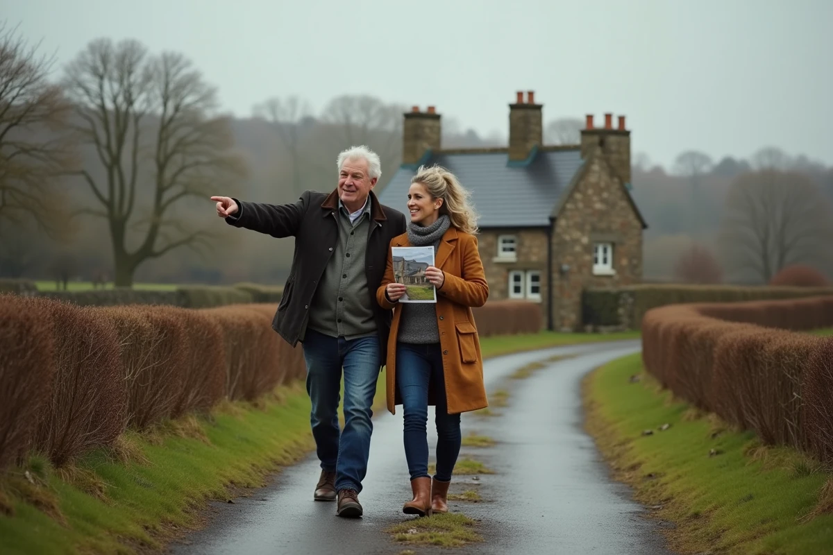 Couple visitant un terrain autour d'une maison en pierre bretonne lors d'une visite immobilière en campagne