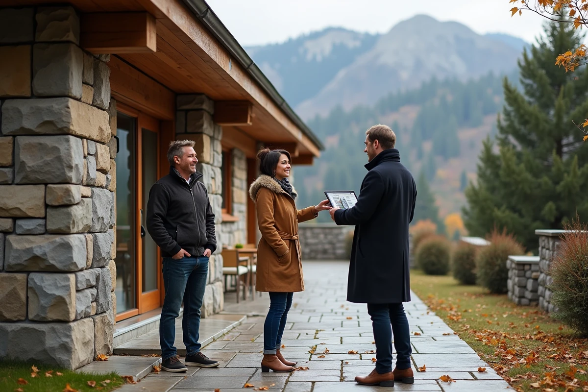 Couple visitant un chalet moderne à vendre en Andorre accompagné d'un agent immobilier en montagne