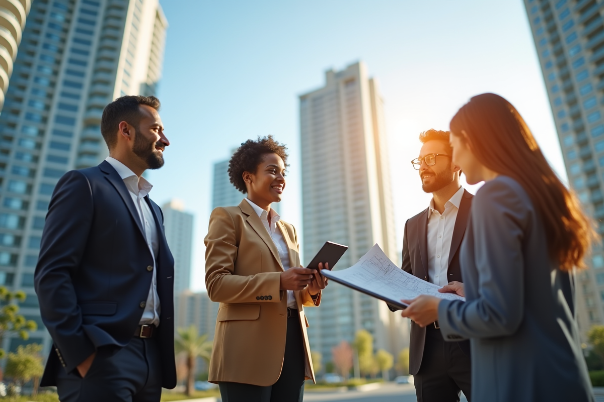 Équipe diverse visitant un nouveau bâtiment urbain avec plans sur tablette