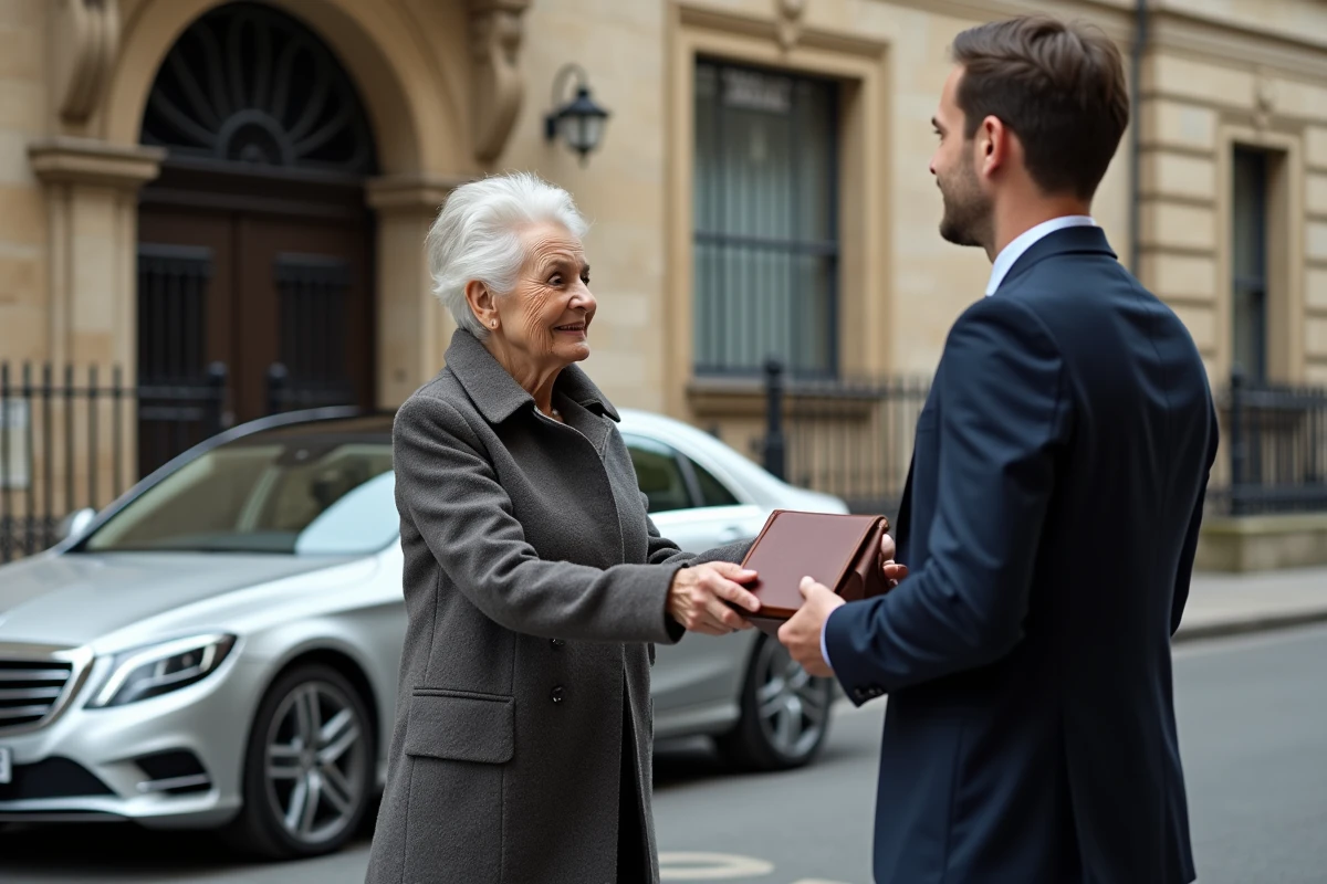 Voiture de notaire ancienne devant un bâtiment historique